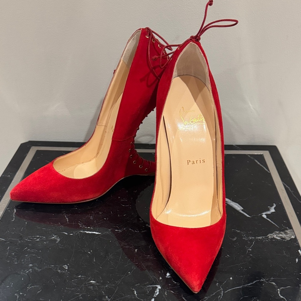 Christian Louboutin RARE Conquilla 120 Red Suede Fetish Sculpted Wedges Heels 40 - Picture 5 of 7